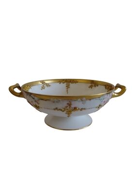 Rare MC Antique Haviland Limoge Porcelain Berries Candy Compot Footed Bowl